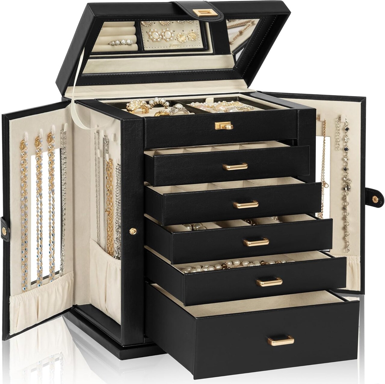 6-Tier Rotating Jewelry Box – 360° Functional Organizer with Mirror for Rings, Necklaces, Earrings, and Bracelets (Women & Girls)